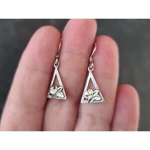 925 Sterling Silver Floral Triangular Shaped Dangling Pierced Earrings Vintage